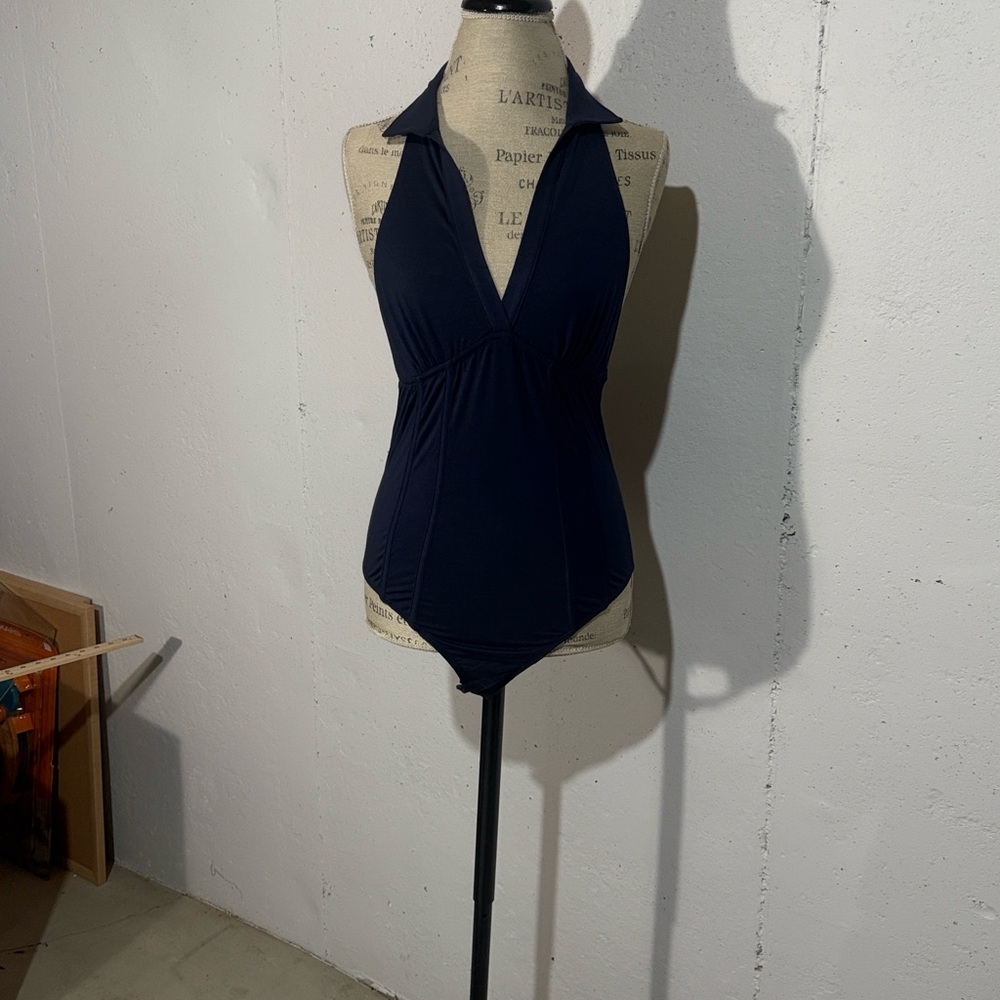 ANTHROPOLOGIE Navy Halter Bodysuit.
